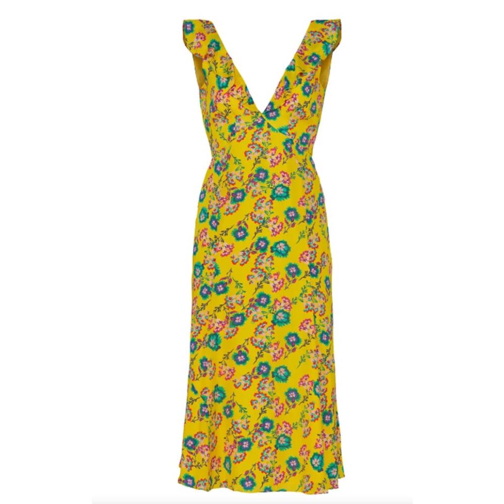Saloni Holly Midi Dress Silk Crepe De Chine yellow floral flounce ruffle size 8 - Picture 4 of 7